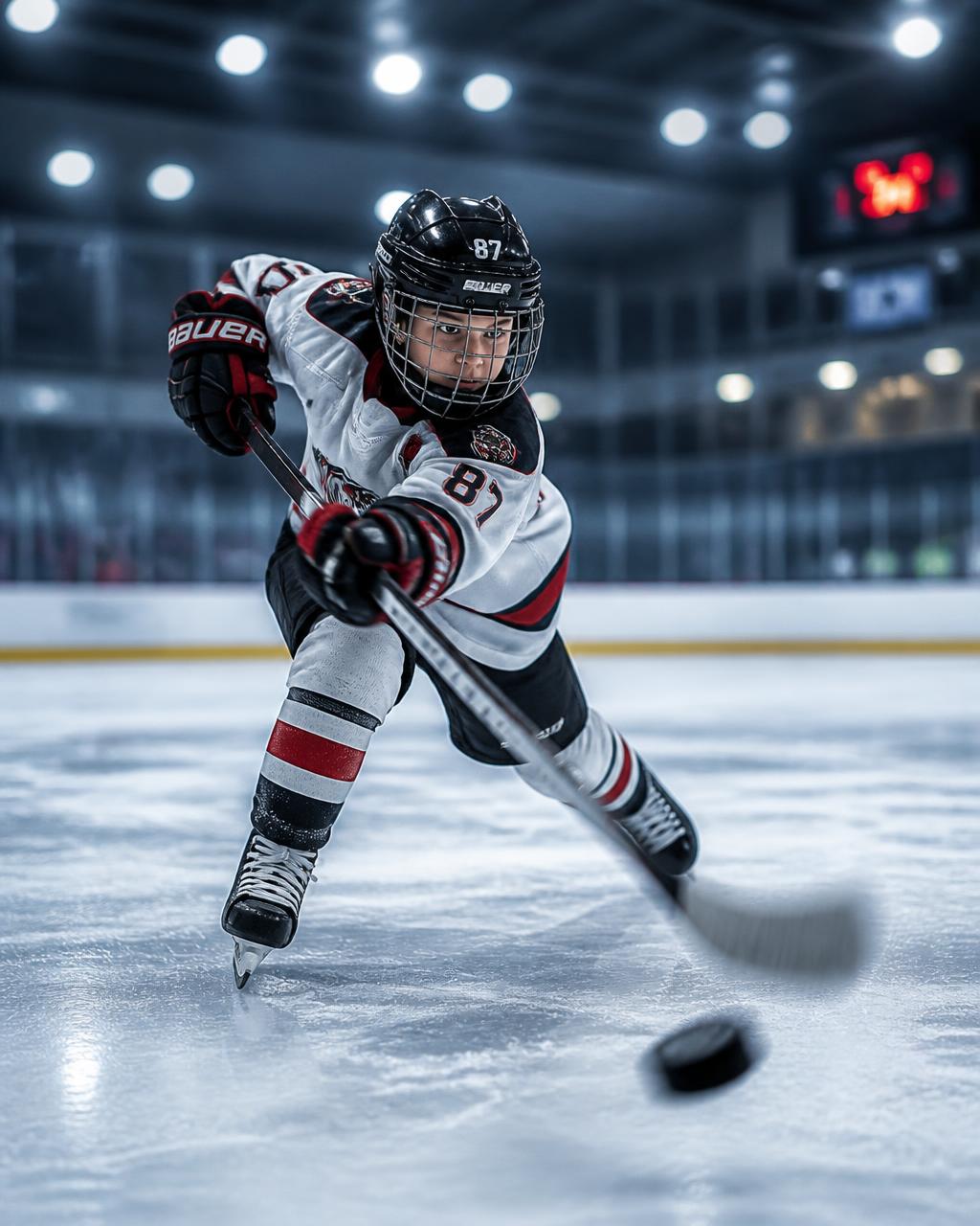 Hockey player winding up for a slapshot under arena lights